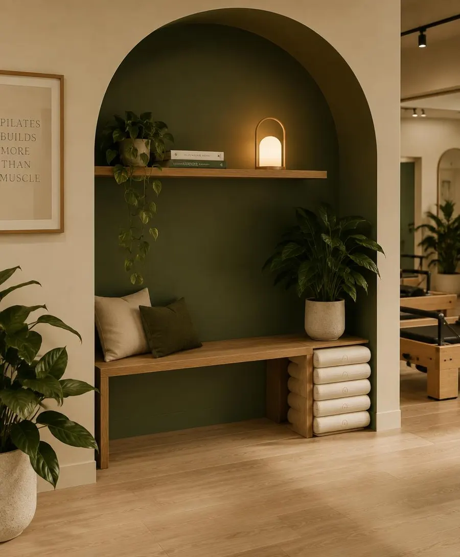 Green arched alcove with an oak bench, plants and rolled mats
