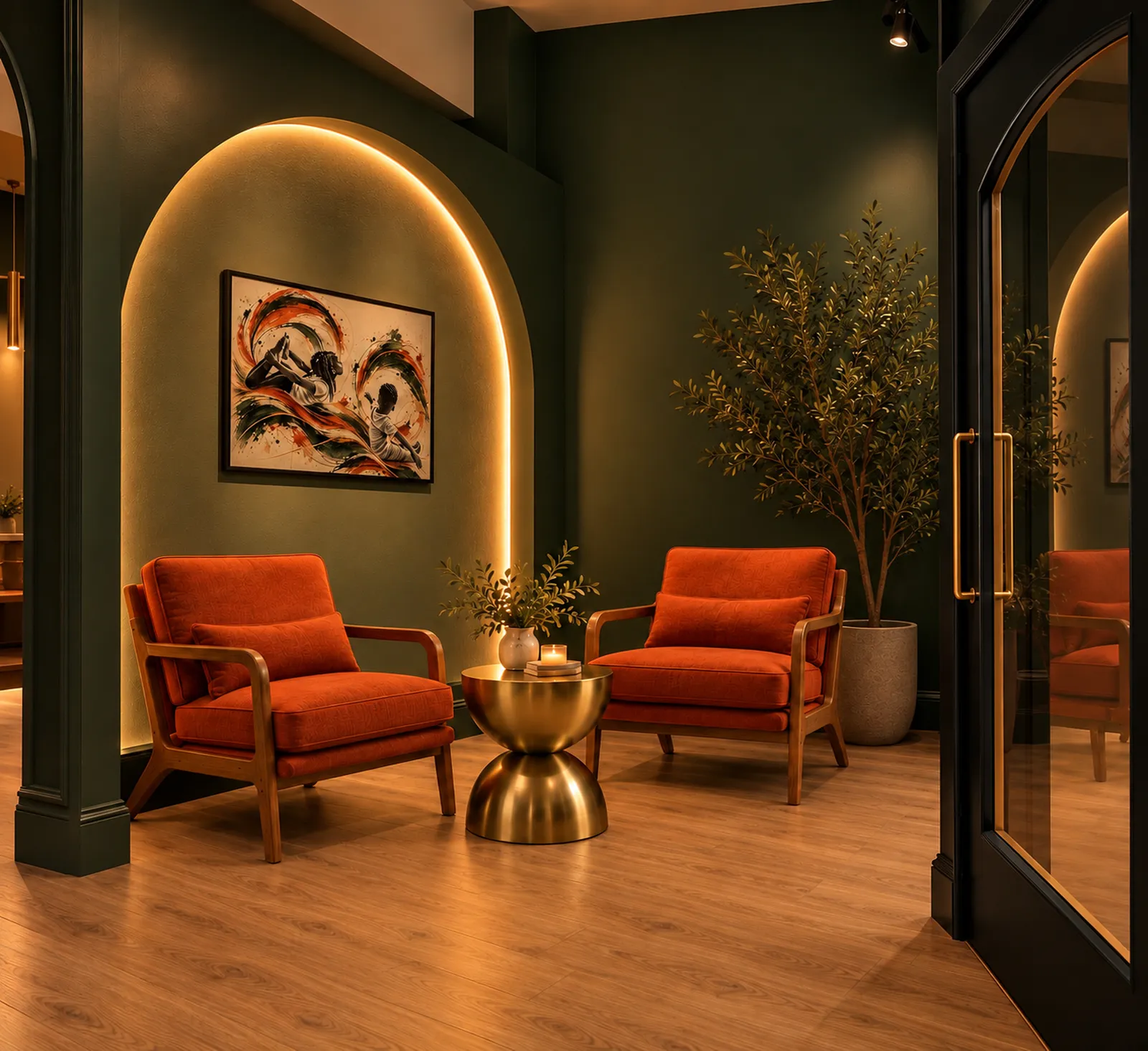 Studio lounge with two burnt orange armchairs, a gold side table and a glowing arch on deep green walls