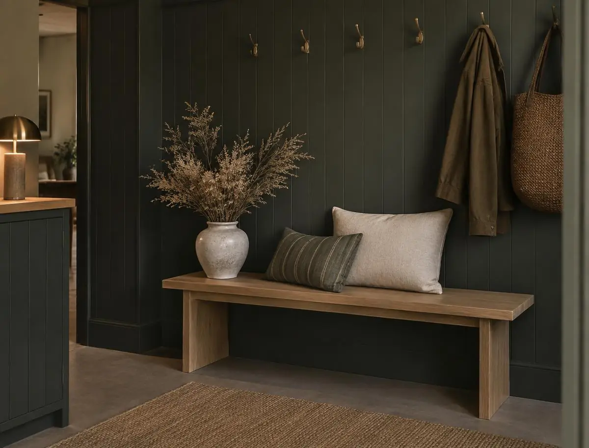 Entrance corner of the studio with an oak bench, coat hooks and a warm lamp