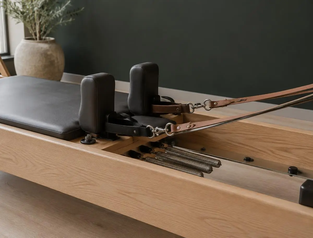 Close view of a reformer carriage, leather straps and tension springs