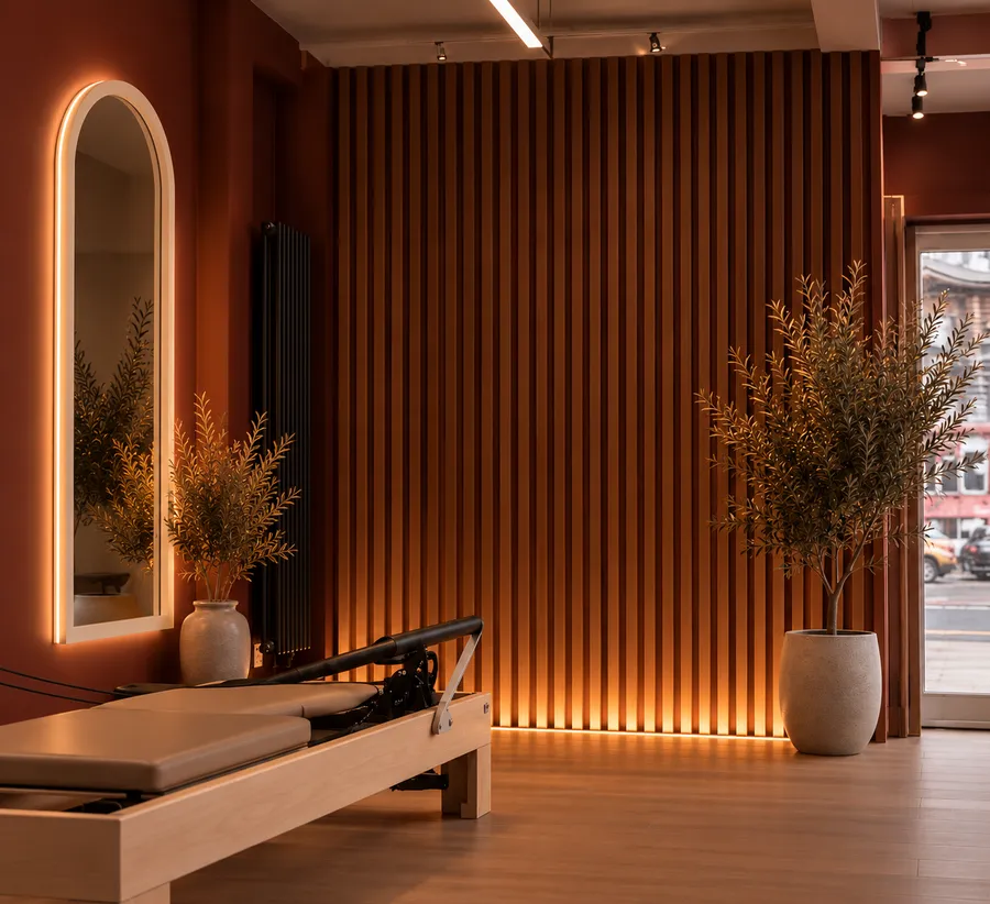 Reformer beside a glowing arched mirror and lit wooden slat wall with olive trees